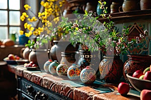 Spring colourful flowers in patterned vases standing in the kitchen.