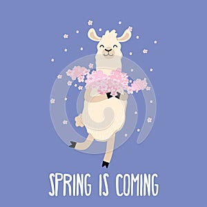 Spring is coming cute card with funny llama