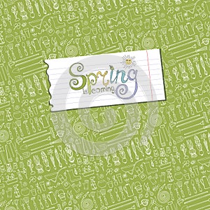 Spring is coming.Garden Tools,plants pattern background