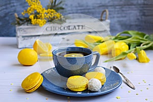 Spring composition of a blue cup of tea with lemon, yellow tulips and macaroon on a light wooden background