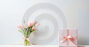 Spring composition with bouquet of pink white tulips and gift boxes on a pastel background