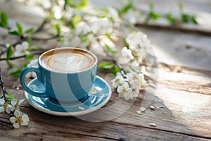 Spring composition with cup of hot coffee among blooming tree branches outdoors. Coffee cup with latte art and spring blossom.