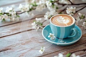 Spring composition with cup of hot coffee among blooming tree branches outdoors. Coffee cup with latte art and spring blossom.