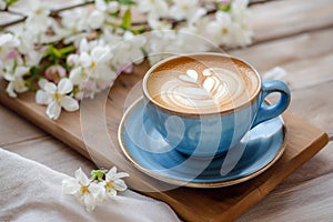 Spring composition with cup of hot coffee among blooming tree branches outdoors. Coffee cup with latte art and spring blossom.