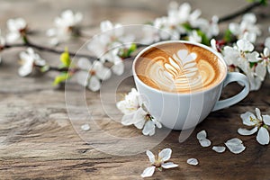 Spring composition with cup of hot coffee among blooming tree branches outdoors. Coffee cup with latte art and spring blossom.