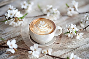 Spring composition with cup of hot coffee among blooming tree branches outdoors. Coffee cup with latte art and spring blossom.