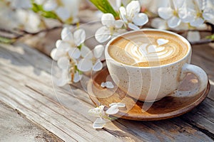 Spring composition with cup of hot coffee among blooming tree branches outdoors. Coffee cup with latte art and spring blossom.