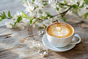 Spring composition with cup of hot coffee among blooming tree branches outdoors. Coffee cup with latte art and spring blossom.