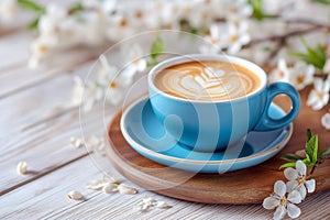 Spring composition with cup of hot coffee among blooming tree branches outdoors. Coffee cup with latte art and spring blossom.