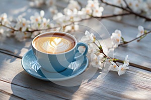 Spring composition with cup of hot coffee among blooming tree branches outdoors. Coffee cup with latte art and spring blossom.