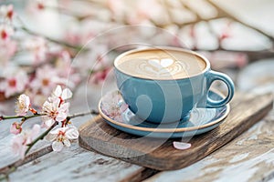 Spring composition with cup of hot coffee among blooming tree branches outdoors. Coffee cup with latte art and spring blossom.