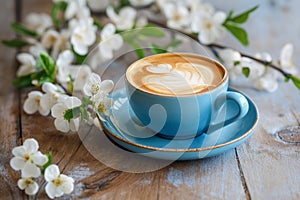 Spring composition with cup of hot coffee among blooming tree branches outdoors. Coffee cup with latte art and spring blossom.