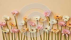 Spring composition of fresh gerberas on a yellow paper background.