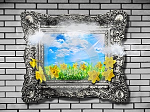 Nature concept. Abstract natural spring background with grass and narcissus in frame