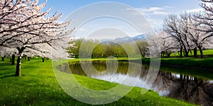 Spring concept background stunning nature landscape reflection by scenic green meadow foreground