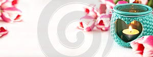 Spring concept banner with pink tulips and a lantern