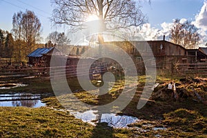 Spring countryside scenery. Sun rays and puddles in the village