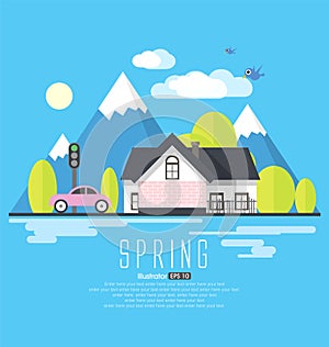 Spring countryside, tourism, flat style illustration.