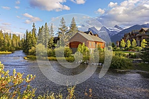 Spring Creek Alpine Village Distant Snowcapped Mountains Canmore Alberta Foothills Canada