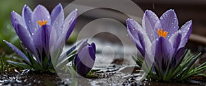 Spring Purple crocus flowers in drops of water generated by Ai