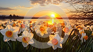 Spring daffodils glow in the golden sunset light, embodying renewal and the promise of hope. Ai Generated