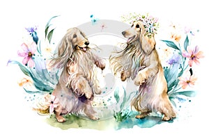 Spring dance with flowers of two smiling Afghan Hound dogs.