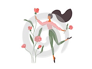 Spring day, summer time vector illustration with happy woman collect blooming flowers