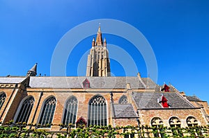 A spring day view of the beautiful, medieval Church of Our Lady in Bruges dutch: Brugge, Belgium