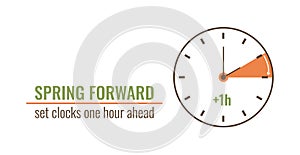 Spring Daylight Saving Time begins banner. Springtime Forward concept in flat style. Set clocks one hour Ahead in March. Hand of