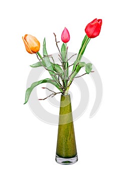 Spring deco with artificail tulips isolated on white