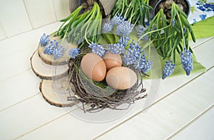 Spring decorative composition. Flowers in a basket and pots of hyacinth, muscari, narcissus. Wooden background.