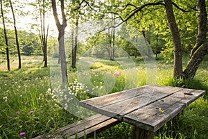 Spring Design - Forest with Wood Table and Meadow in the Back photo