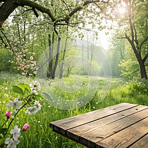 Spring Design - Forest with Wood Table and Meadow in the Back photo