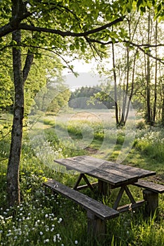 Spring Design - Forest with Wood Table and Meadow in the Back photo