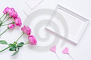 Spring design with peony flower and frame white background top view mock-up