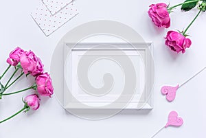 Spring design with peony flower and frame white background top view mock-up