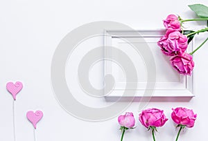 Spring design with peony flower and frame white background top view mock-up