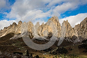 Spring in the Dolomites sunny Peaks of the Cir. Ski Slopes during Spring on Passo Gardena, coming from Dantercepies