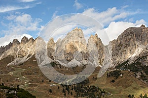 Spring in the Dolomites sunny Peaks of the Cir. Ski Slopes during Spring on Passo Gardena, coming from Dantercepies