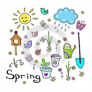 Spring doodle set. Collection of simple hand-drawn cute elements. Colored vector illustration isolated on white