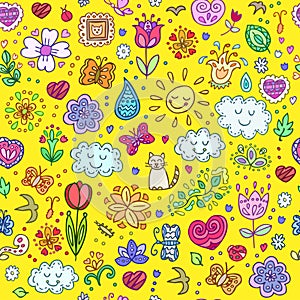 Spring doodles set. Hand draw flowers, sun, clouds, butterflies.