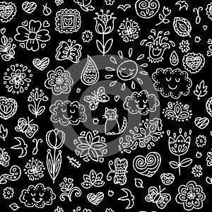 Spring doodles set. Hand draw flowers, sun, clouds, butterflies.