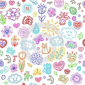 Spring doodles set. Hand draw flowers, sun, clouds, butterflies.