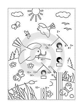 Spring dot-to-dot picture puzzle and coloring page with birdhouses, birds and nestlings. Full-page, black and white, activity for
