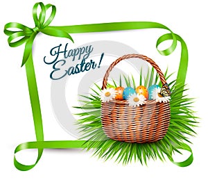 Spring Easter background. Easter eggs in grass with flowers.