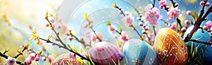 Spring Easter background with eggs and peach blossom wands. Happy Easter banner. Generative AI