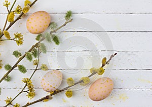 Spring Easter background with flowering branches of willow, dogwood and eggs on white wooden background