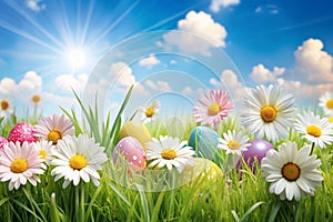 Spring and easter border with daisies on blue sky background