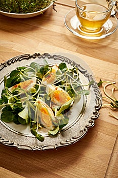 Spring and Easter breakfast with eggs and cress sprouts with tea and sprouts on wooden background