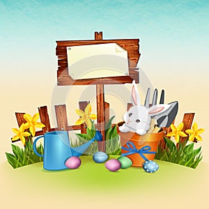 Spring Easter cartoon background with cute bunny , flowers and eggs